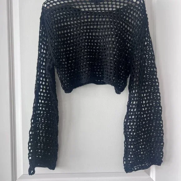 Vici Black Crochet Cropped Sweater Beach Cover Up - Picture 6 of 7